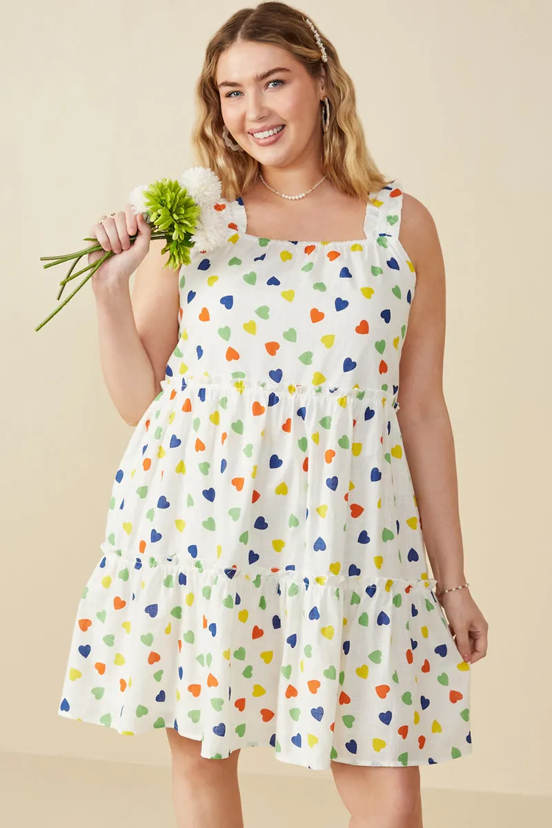 Ditsy Heart Tiered Elastic Shoulder Tank Dress Soft Layering