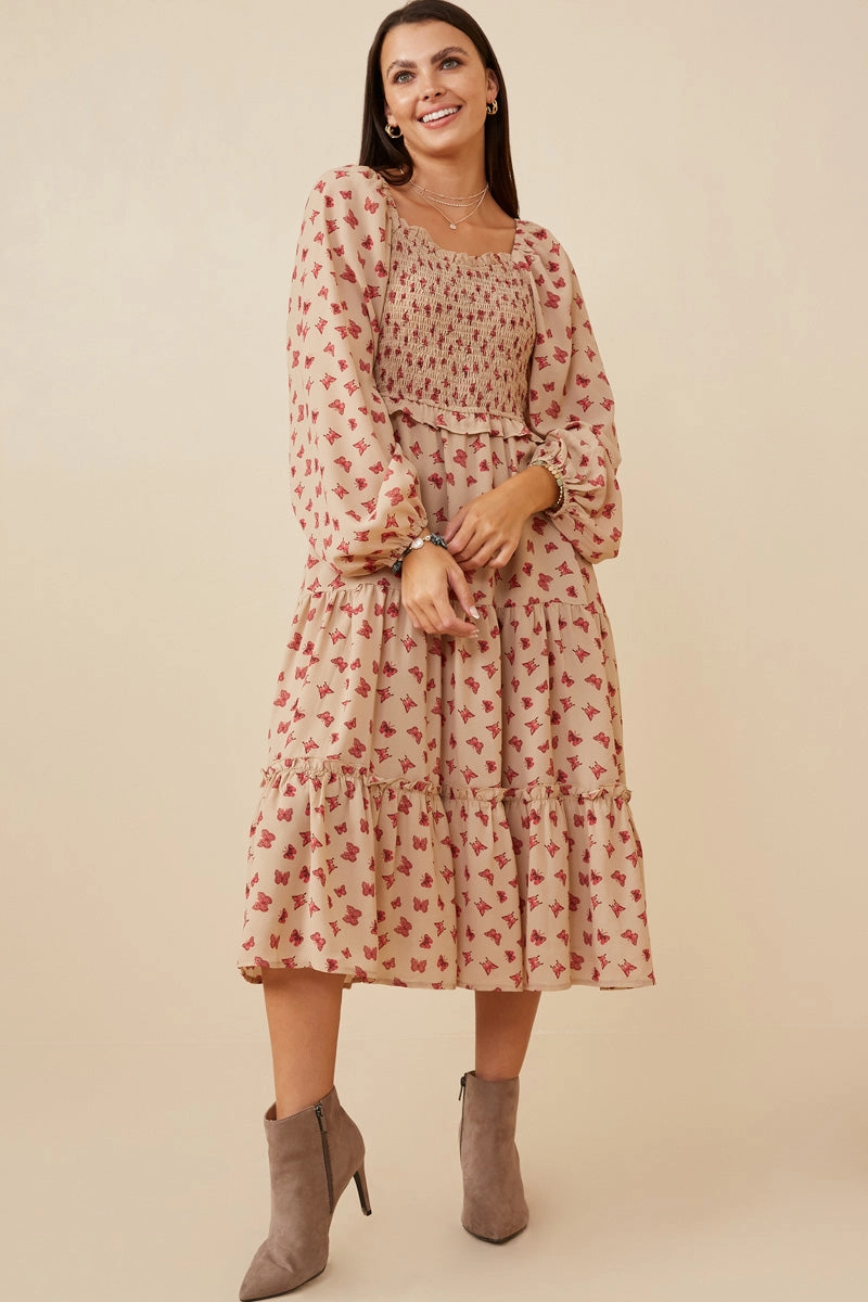 Sunset Glow Mood Layer Ditsy Butterfly Print Smocked Midi Dress