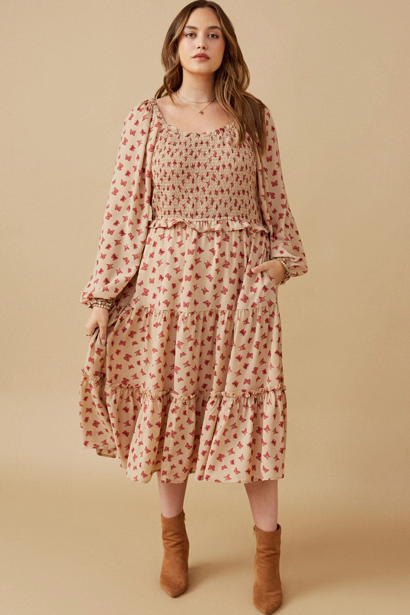 Ditsy Butterfly Print Smocked Midi Dress Relax Appeal