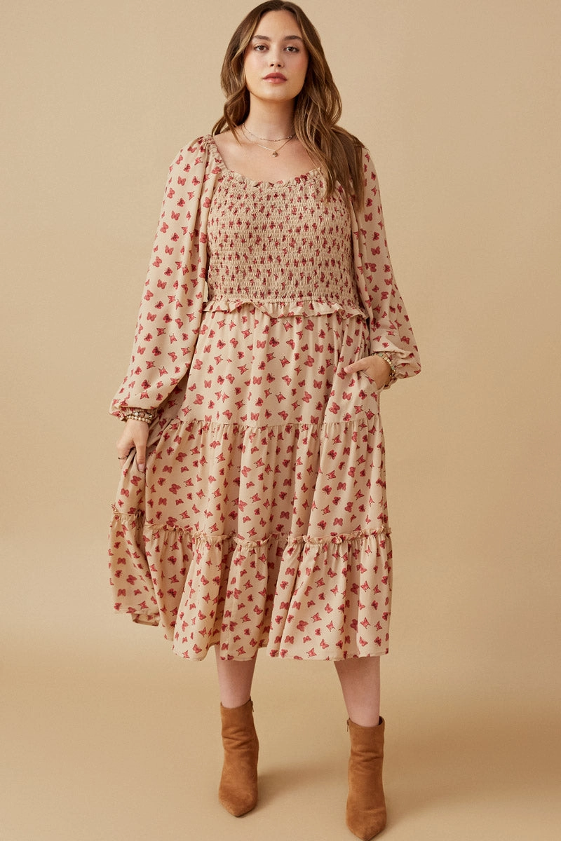Built-In-Slip Ditsy Butterfly Print Smocked Midi Dress