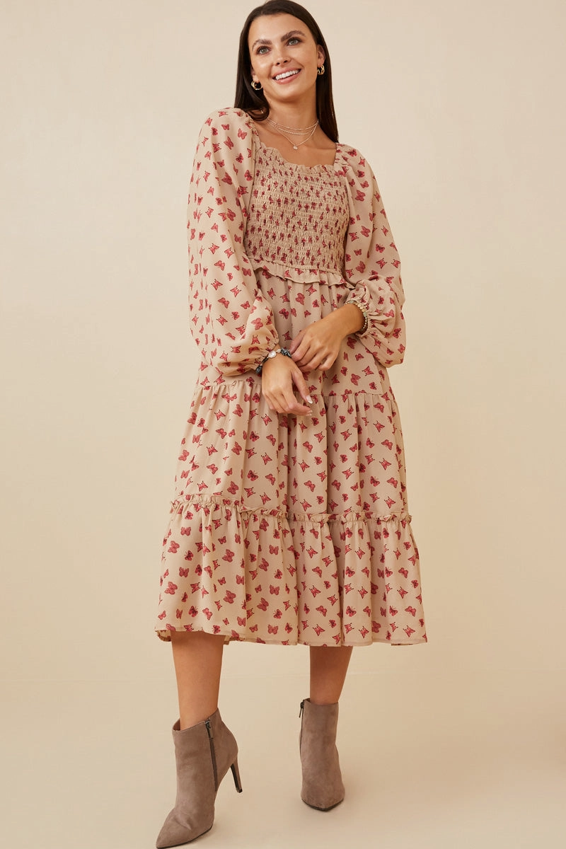 Ditsy Butterfly Print Smocked Midi Dress Chic Tone Sweetheart Cut