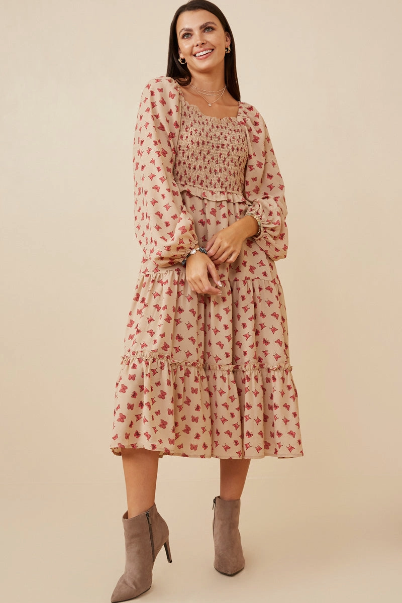 Day Look Fashion-Forward Ditsy Butterfly Print Smocked Midi Dress