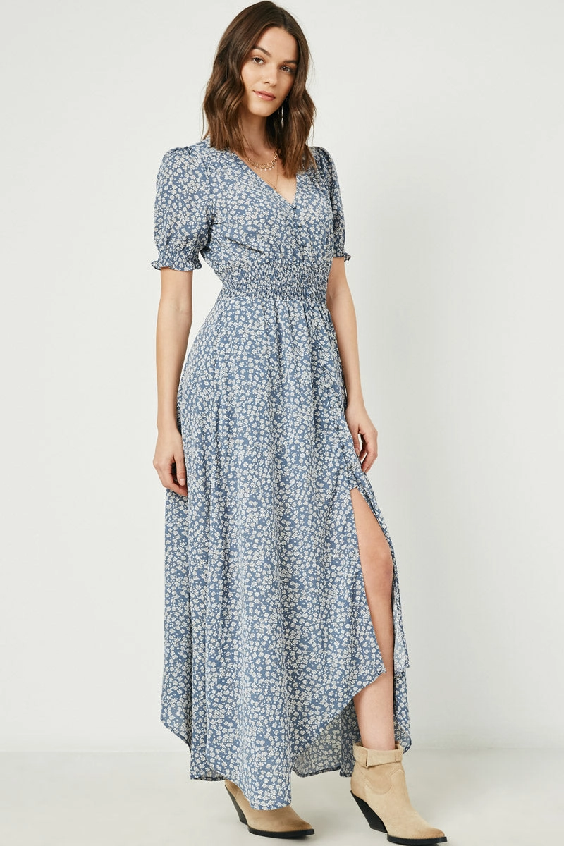 Boho Aesthetic Dinner Outfit Ditsy Floral Buttoned Maxi Dress