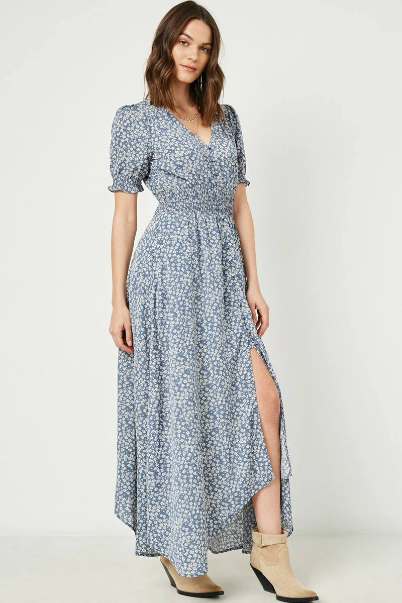 Refined Presence Easy-Storage Ditsy Floral Buttoned Maxi Dress
