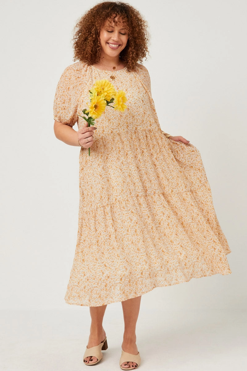 Simple Mood Quilted-Lining Ditsy Floral Crinkled Puff Sleeve Tiered Dress