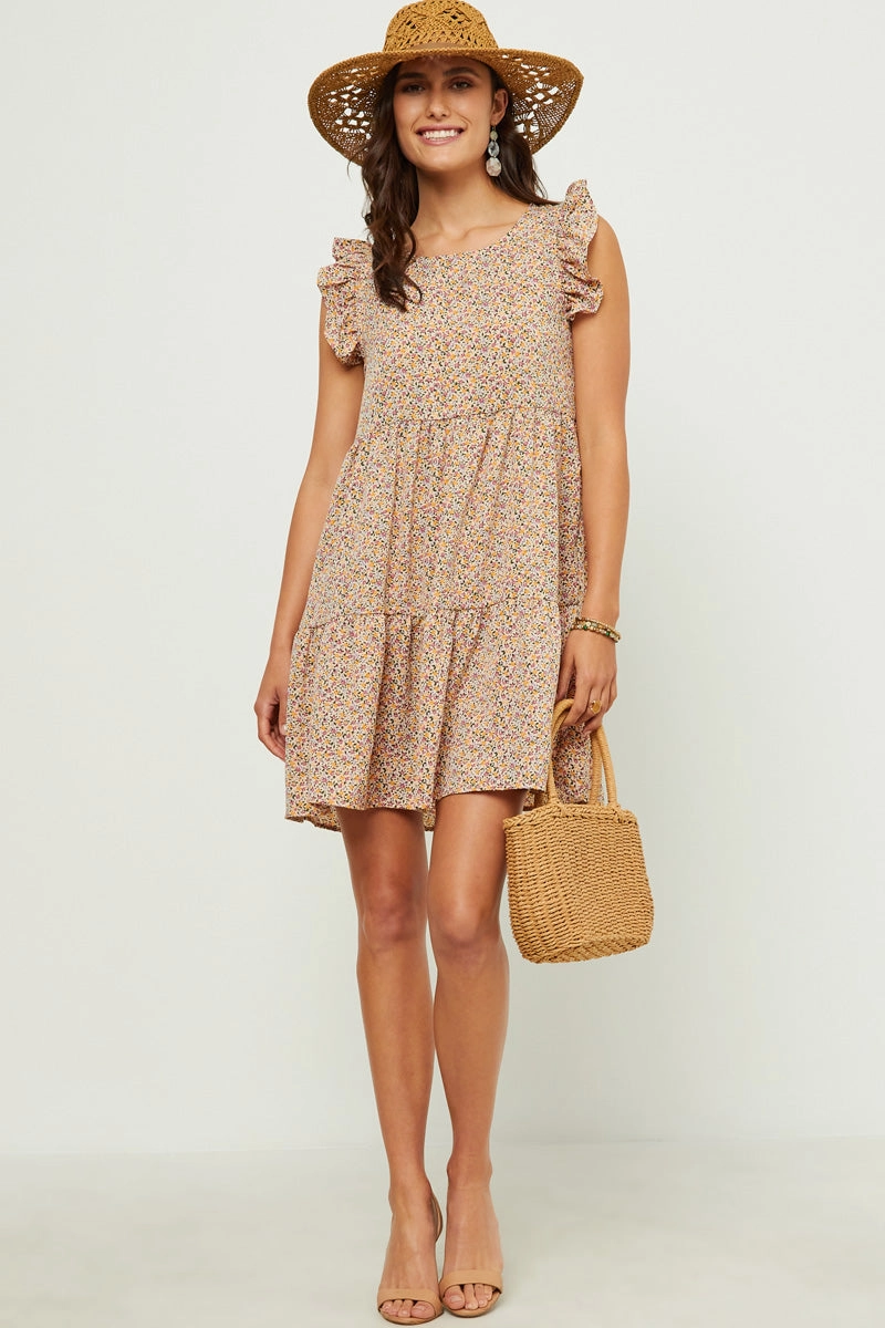 Day Glow Ditsy Floral Print Ruffle Detail Tiered Sleeveless Dress