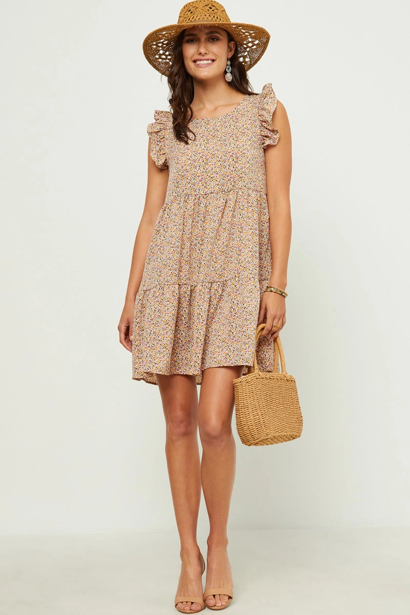 Relax Flex Understated Elegance Ditsy Floral Print Ruffle Detail Tiered Sleeveless Dress
