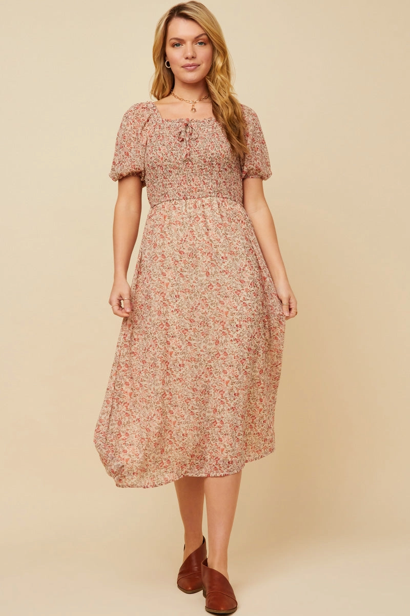 Ditsy Floral Puff Sleeve Smocked Square Neck Dress Effortless Look Matte-Lining