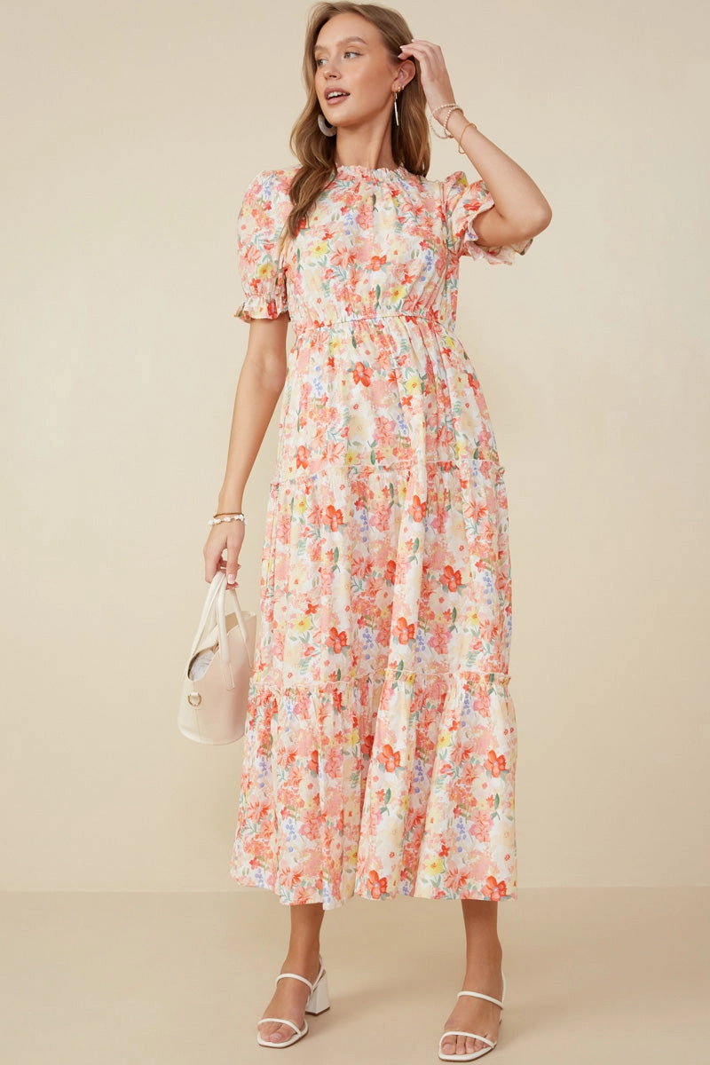 Easy Pairing Ditsy Floral Puff Sleeve Tiered Dress
