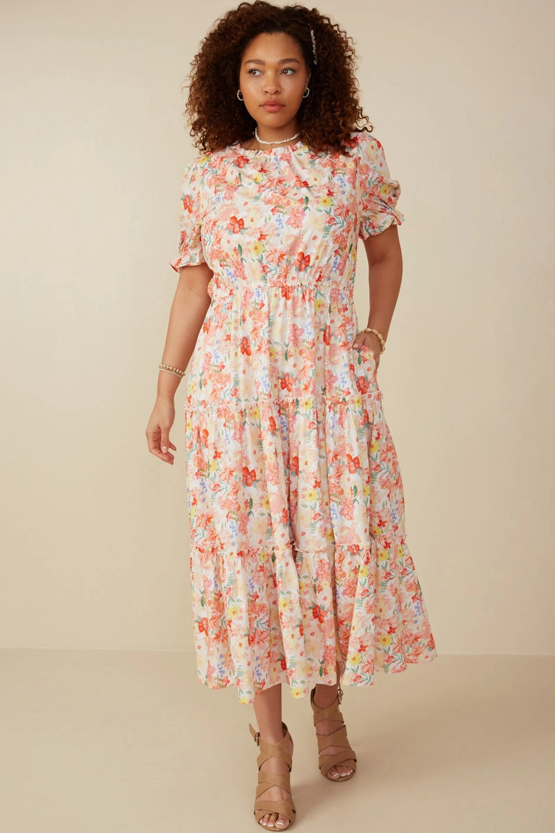 Modern Texture Ditsy Floral Puff Sleeve Tiered Dress