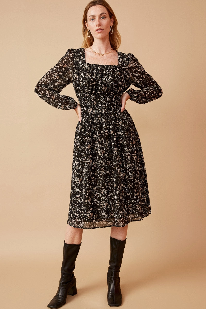 Sculpted Detail Natural Wrap Ditsy Floral Tie Detail Open Back Chiffon Dress