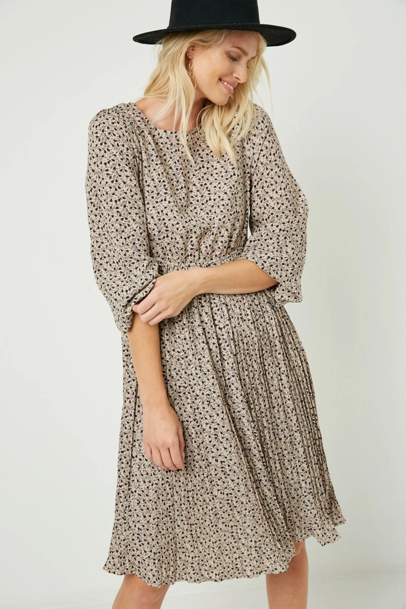 Ditsy Print Pleated Skirt Midi Dress Gentle Texture