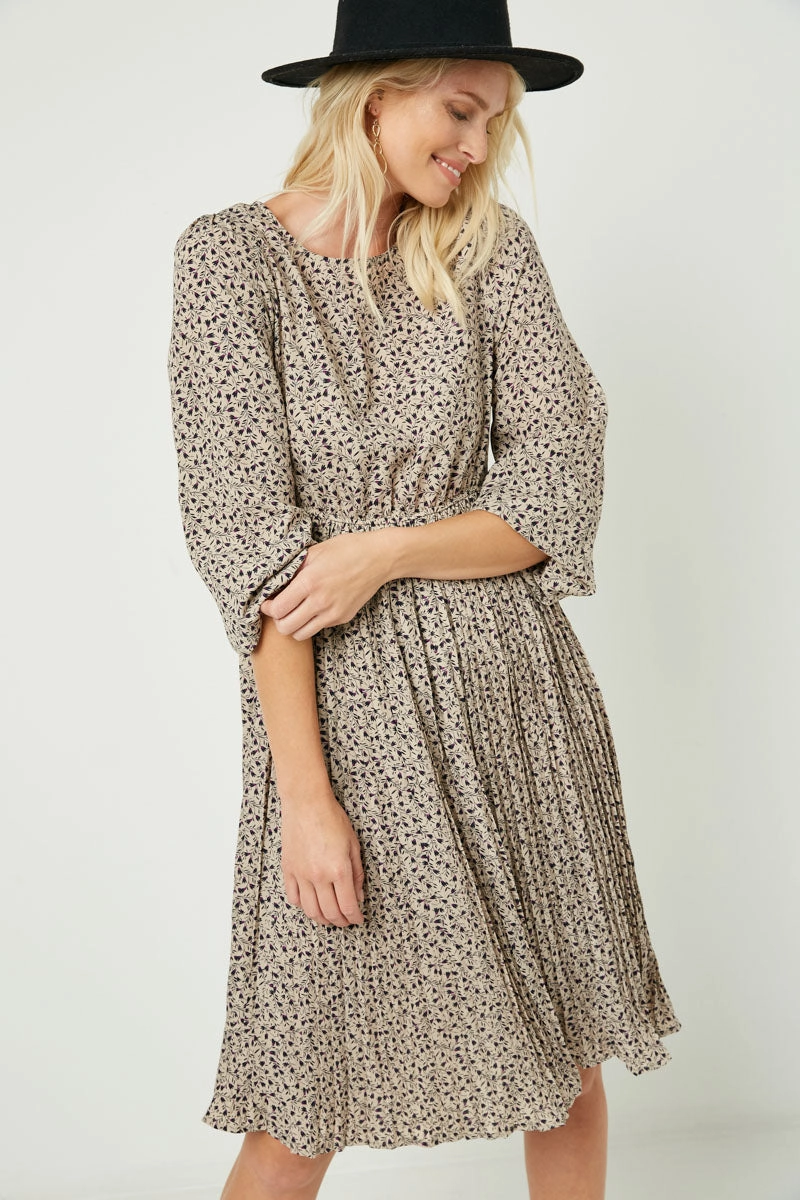 Ditsy Print Pleated Skirt Midi Dress Square Neck Geometric-pattern