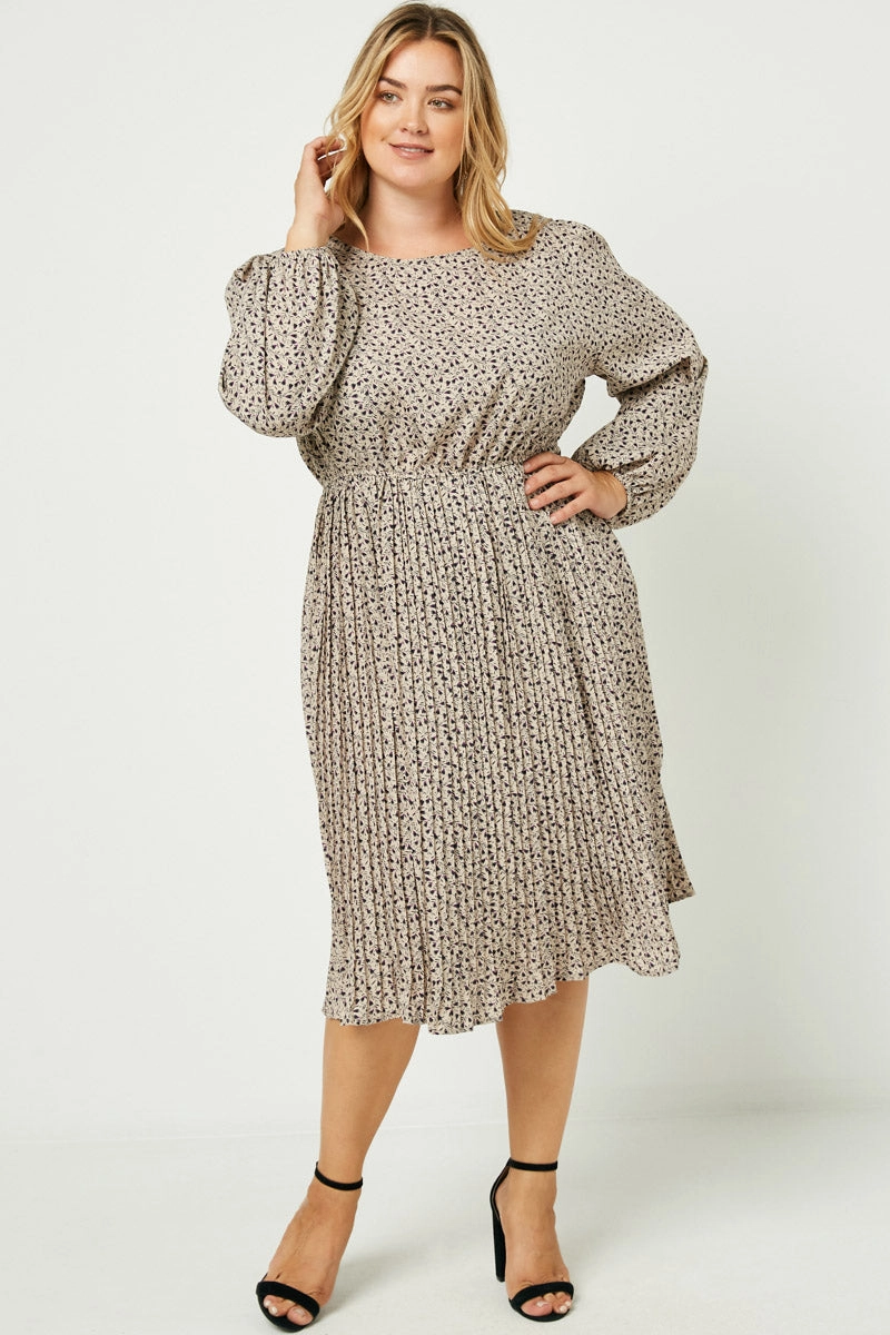 Ditsy Print Pleated Skirt Midi Dress Sleek long-sleeve dress