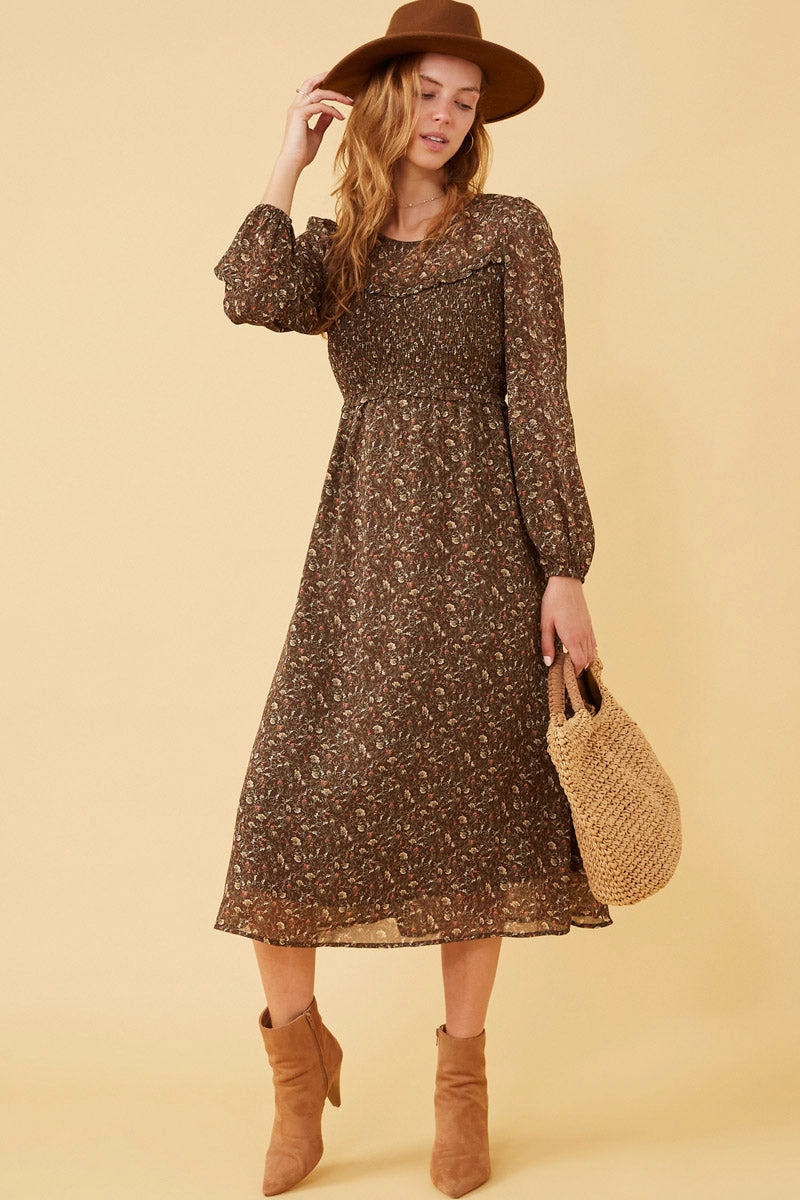 Classic Style Ditsy Print Smocked Bust Long Sleeve Dress