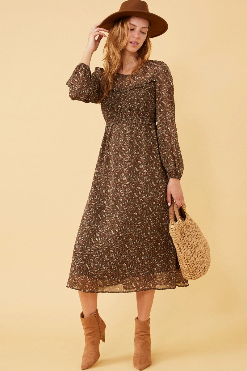 Ditsy Print Smocked Bust Long Sleeve Dress Waist-Cinching