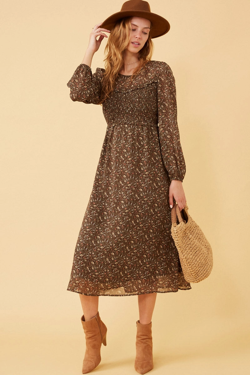 Ditsy Print Smocked Bust Long Sleeve Dress Subtle pattern Romantic-Detail
