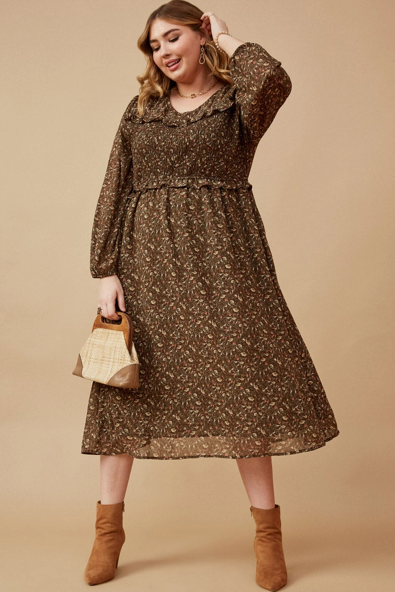 Silky Silhouette Sophisticated Edge Ditsy Print Smocked Bust Long Sleeve Dress