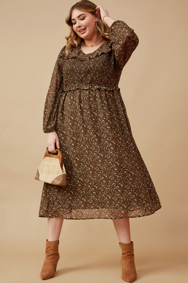 Semi Casual Relax Style Ditsy Print Smocked Bust Long Sleeve Dress