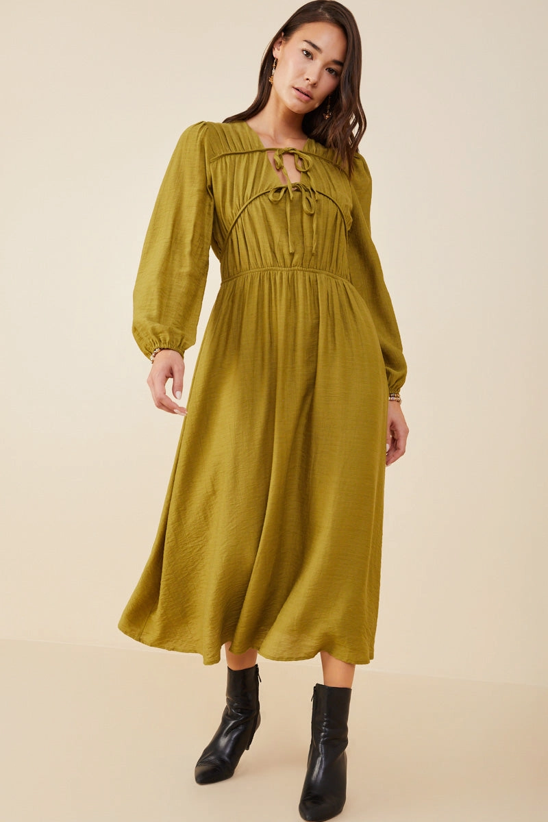 Natural Fit Light Sheen Double Tie Detail Long Sleeve Dress