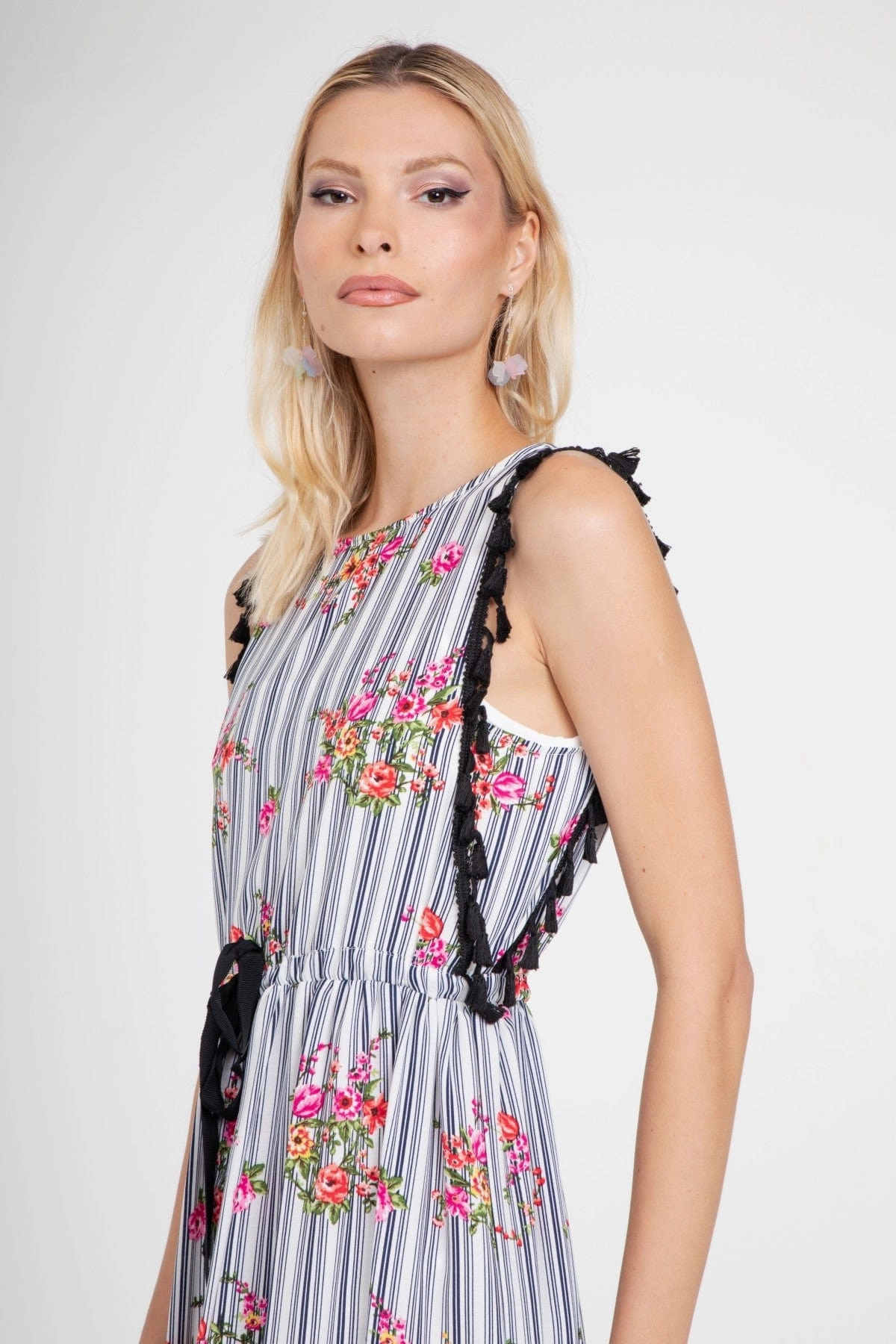 Down Fill Stripe Tassle Midi Dress