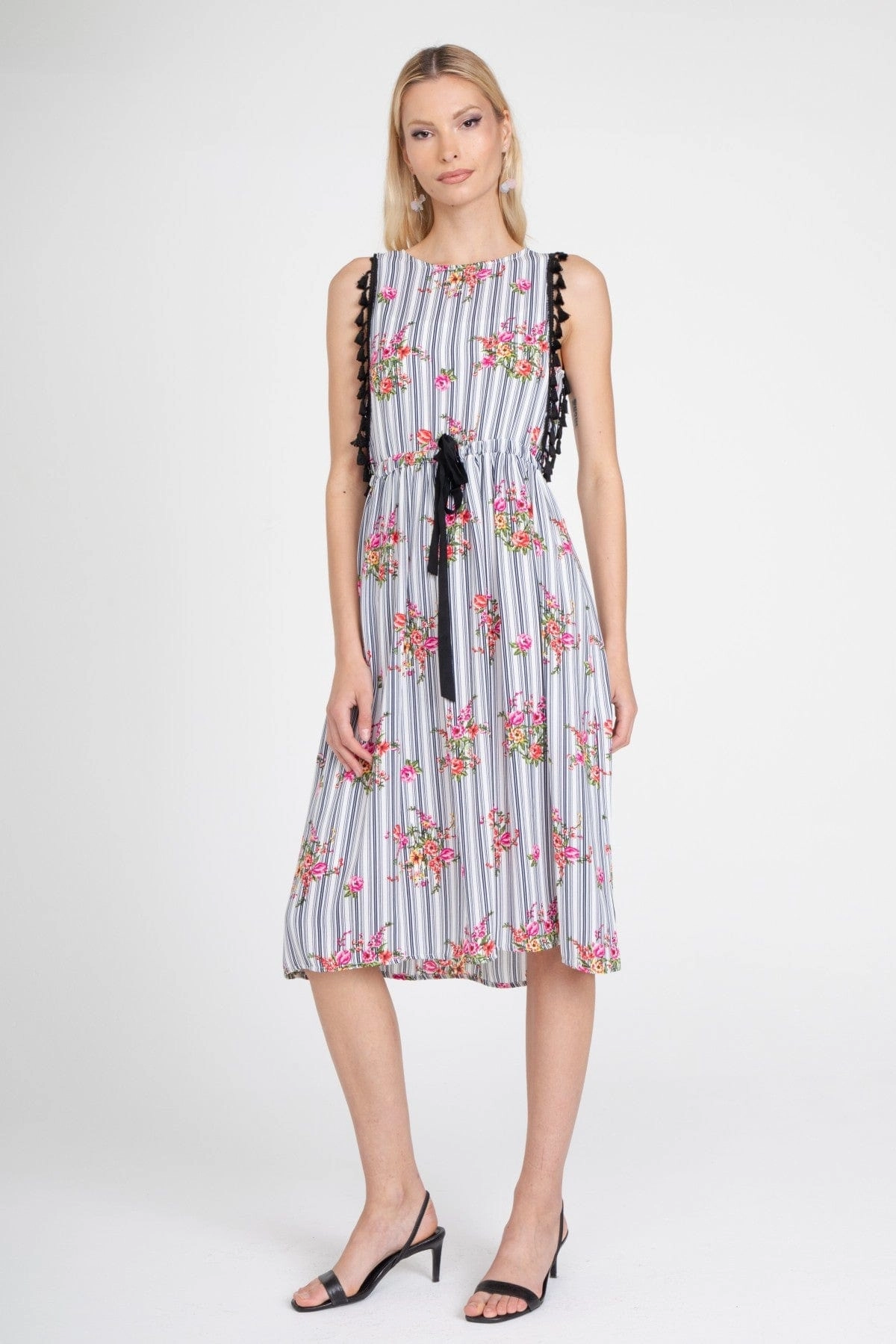 Down Fill Stripe Tassle Midi Dress