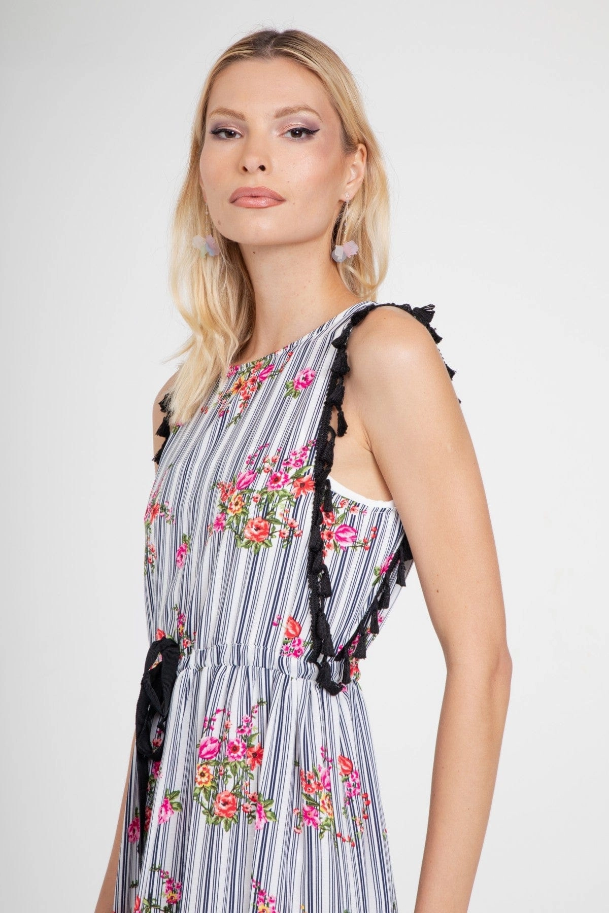 Down Fill Stripe Tassle Midi Dress