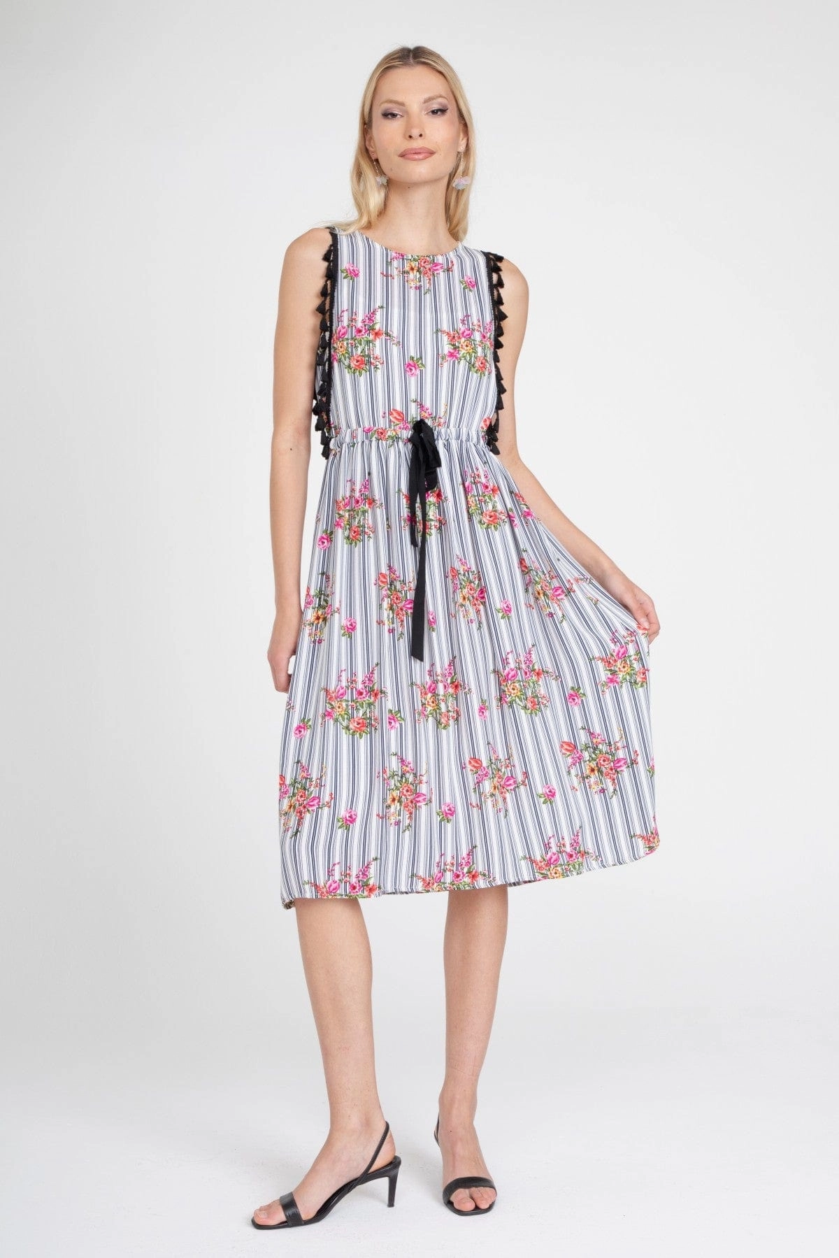 Down Fill Stripe Tassle Midi Dress