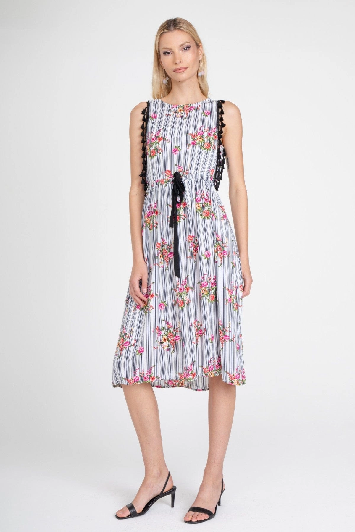 Down Fill Stripe Tassle Midi Dress