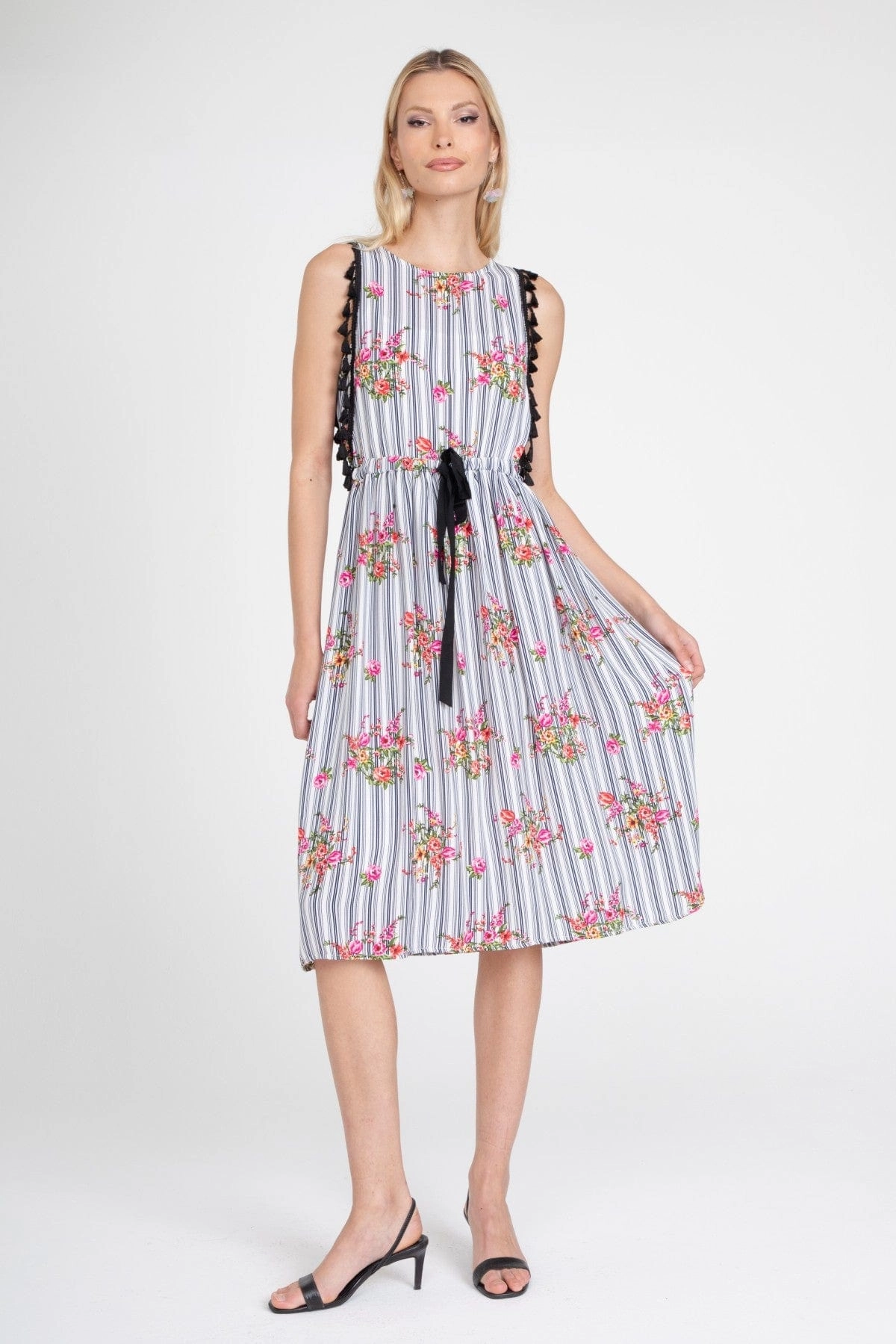 Down Fill Stripe Tassle Midi Dress
