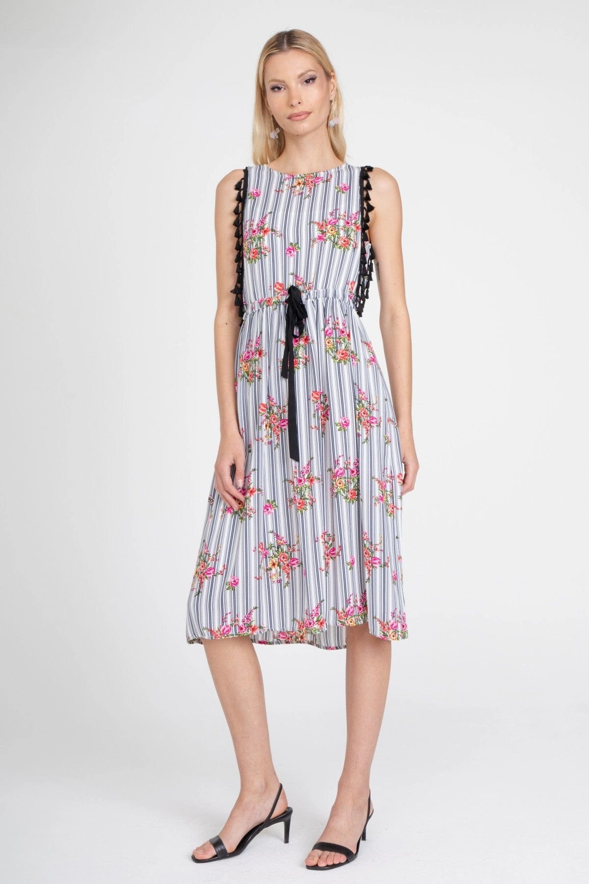 Down Fill Stripe Tassle Midi Dress