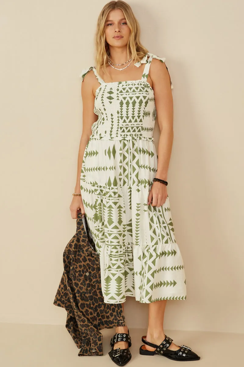 Shoulder Tie Smocked Geometric Print Dress Pure Fabric