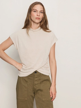 waist-cinched Draped Sleeveless Mock Neck Top Mother Of Pearl