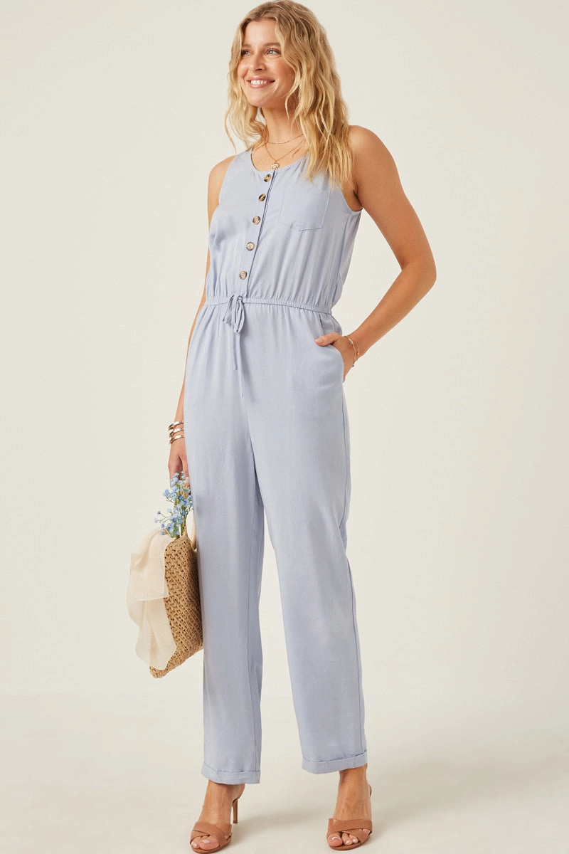 Drawstring Waist Button Detail Tank Jumpsuit Smart Comfort Calm Flow