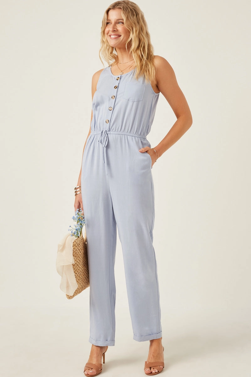 Daily Flex Drawstring Waist Button Detail Tank Jumpsuit