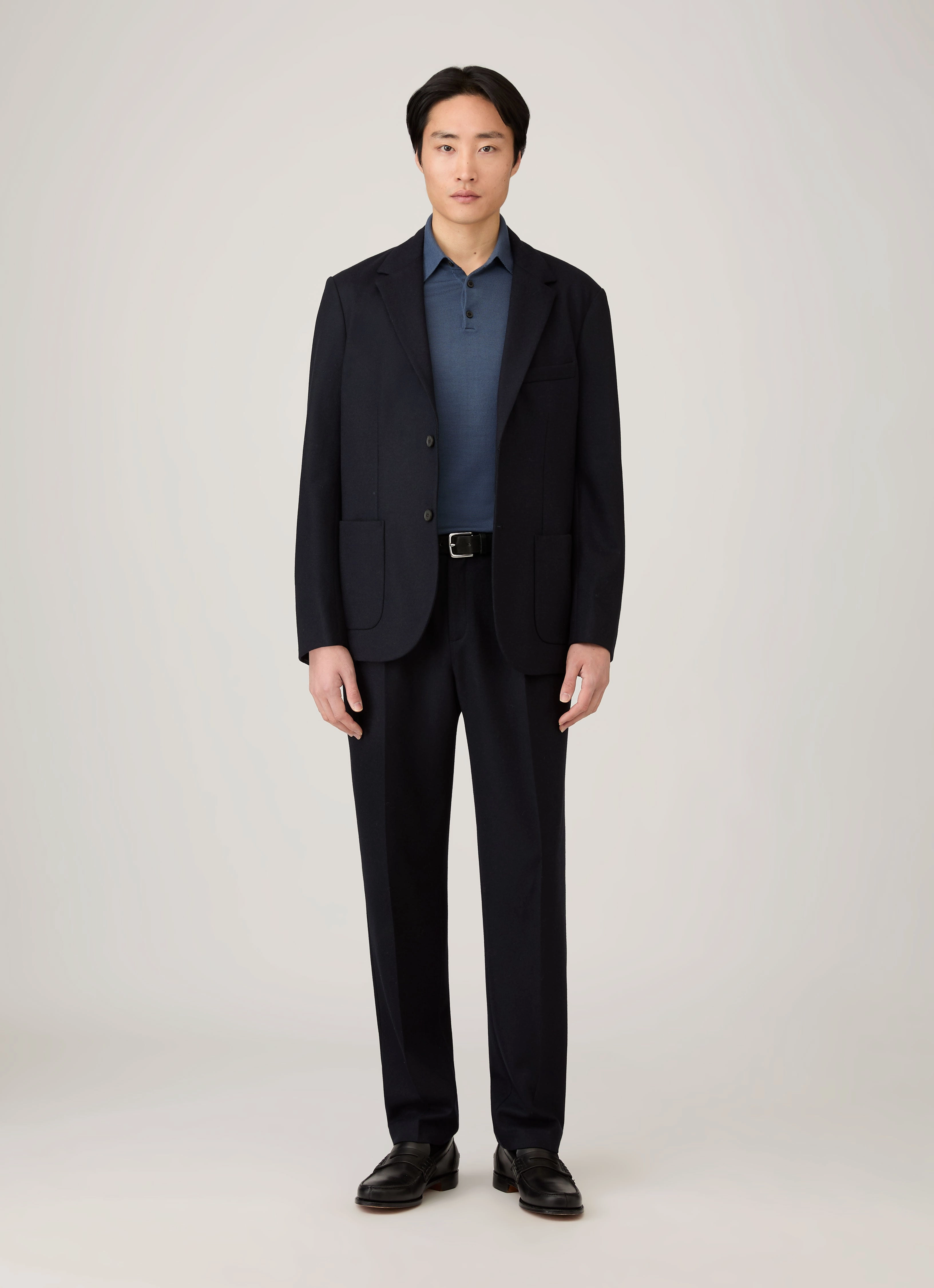 Drop Shoulder Men's Extra-Fine Merino Polo Shirt in Slate Blue