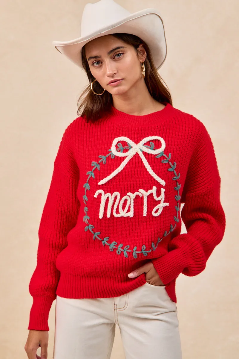 Core Utility IP8254S-13 | CHRISTMAS WREATH MERRY LETTER KNIT TOP