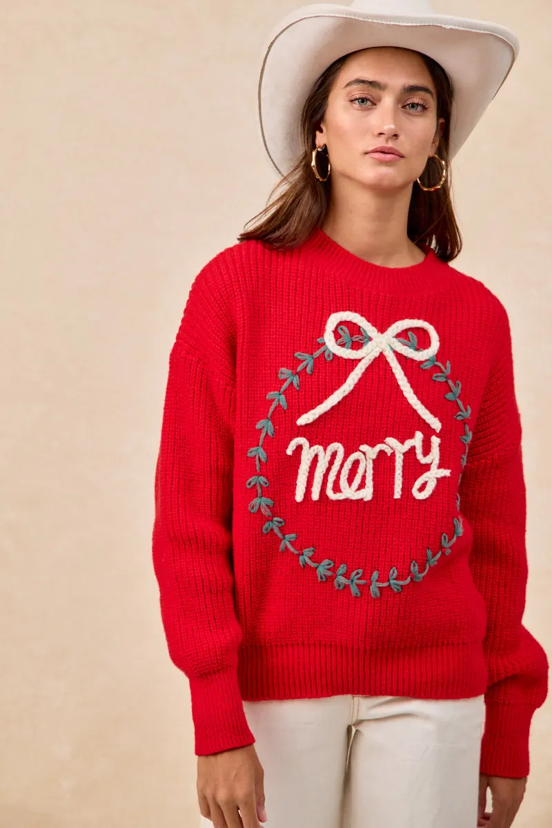 Core Cut Chill Wear IP8254S-13 | CHRISTMAS WREATH MERRY LETTER KNIT TOP