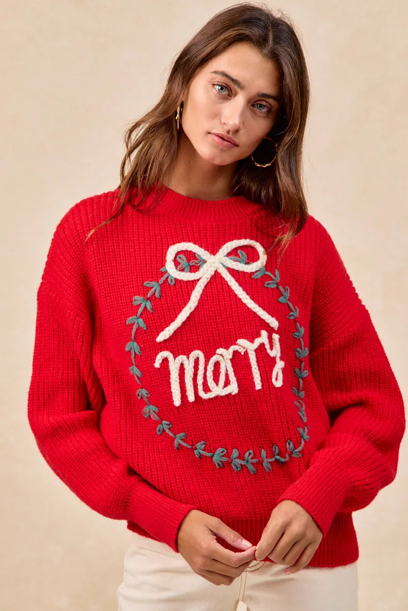 Cuffed hem IP8254S-13 | CHRISTMAS WREATH MERRY LETTER KNIT TOP