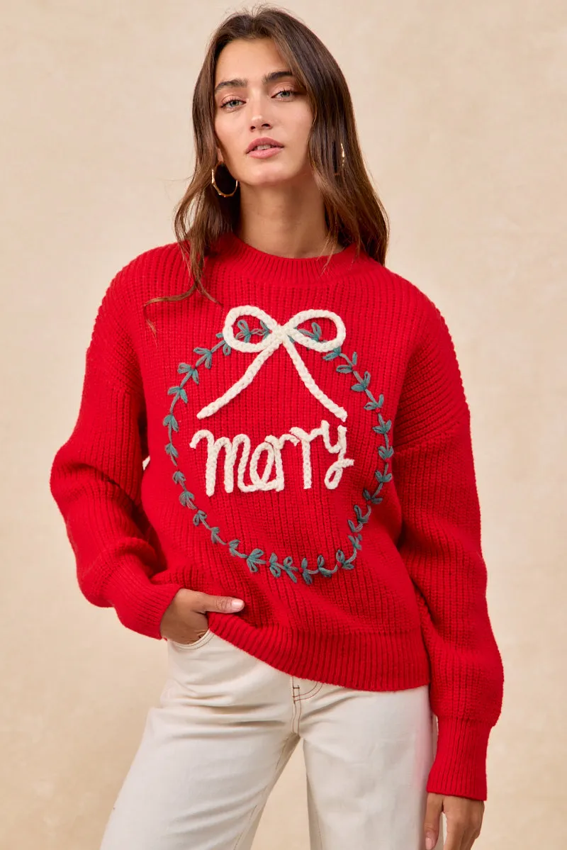 Professional Wear Denim finish IP8254S-13 | CHRISTMAS WREATH MERRY LETTER KNIT TOP