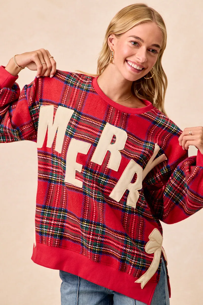 IT3797G-05 | MERRY SIDE BOW PATCHES CHRISTMAS PLAID SWEATSHIRT Everyday Style Urban Utility