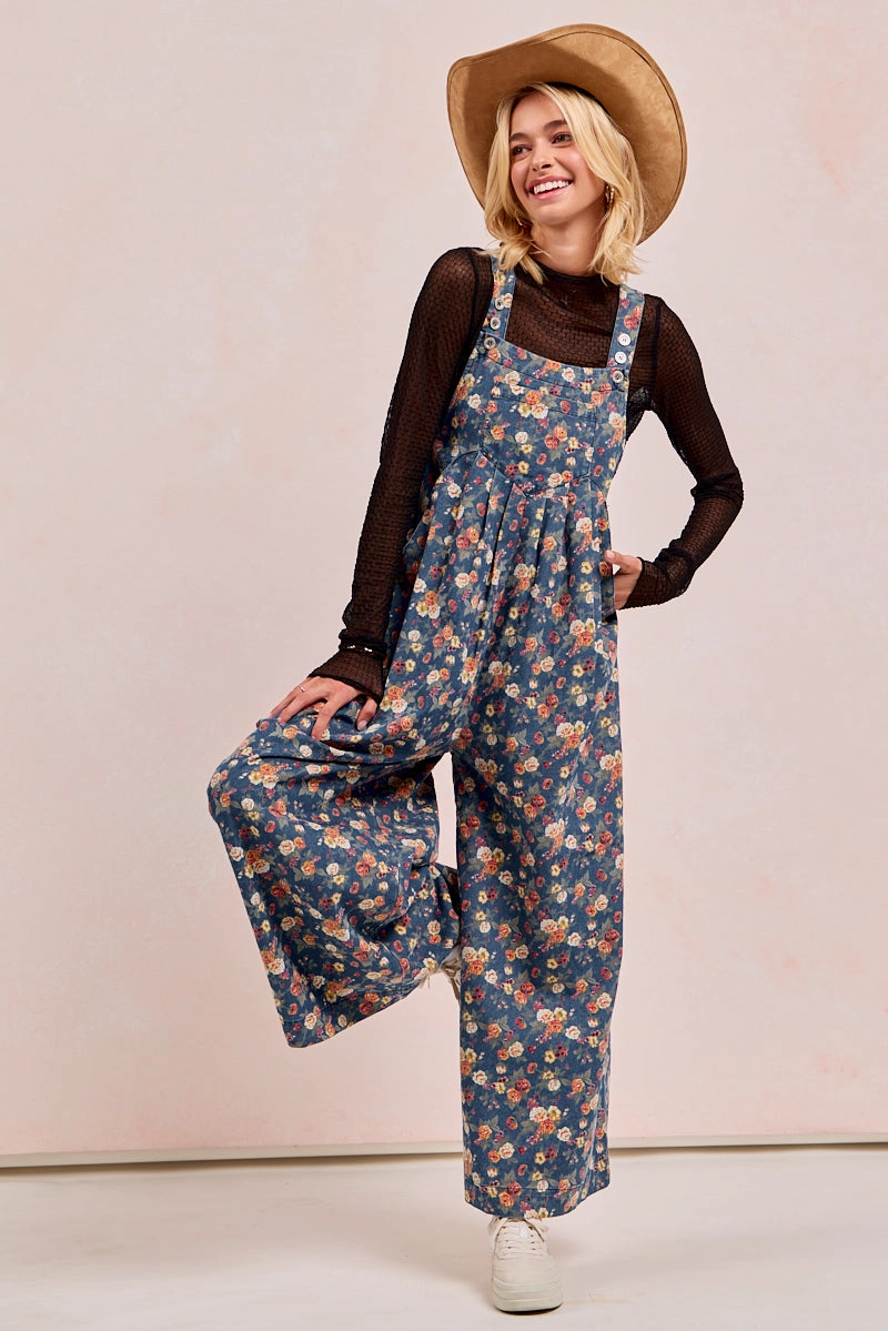 IB1130R-63 | WASHED FLORAL PRINT DENIM OVERALL WITH PLEATS Fashion Event Dry Fast