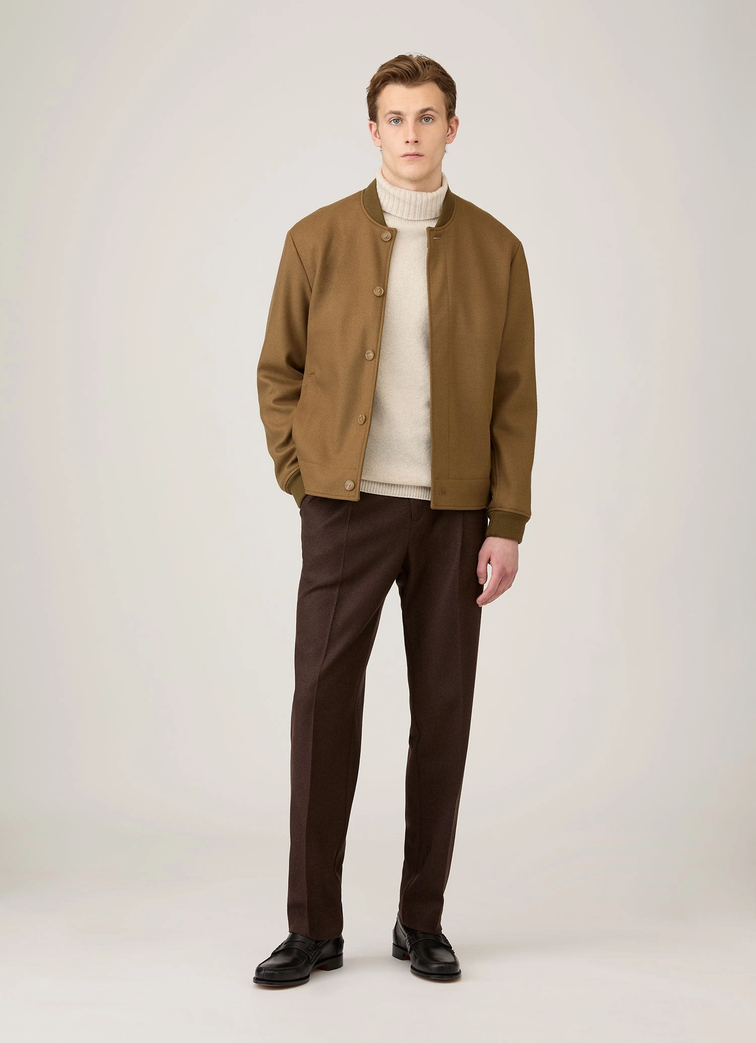 Durable Fabric Men's Lambswool Roll Neck in Oatmeal Melange