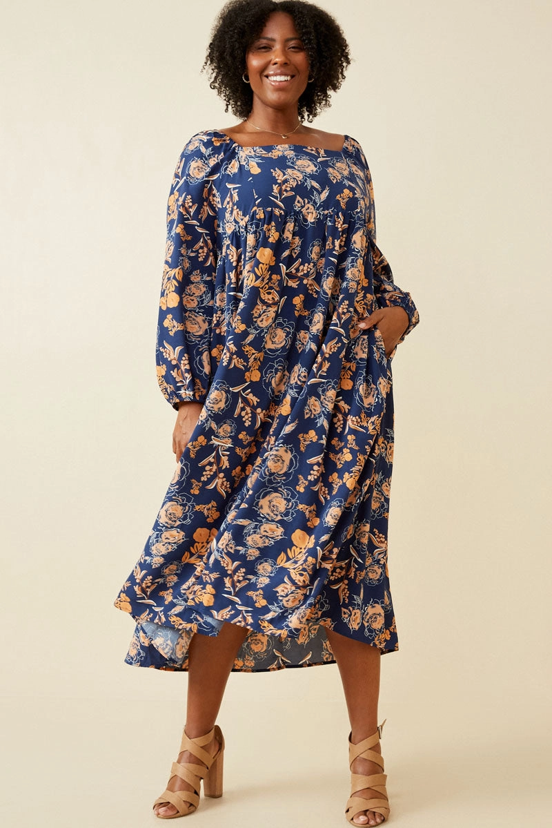 Romantic Floral Square Neck Midi Dress Light Wrap
