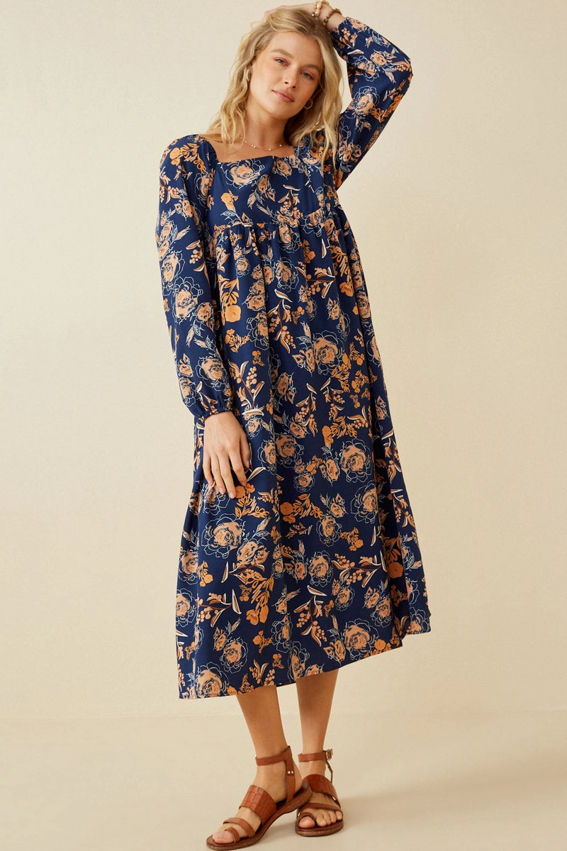 Romantic Floral Square Neck Midi Dress Minimalist-Style Soft Stitch