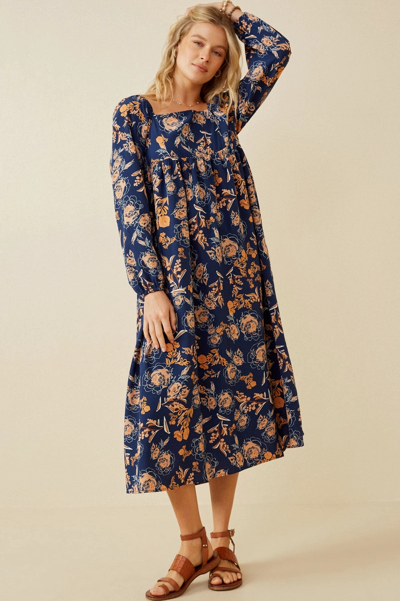 Romantic Floral Square Neck Midi Dress Light Fabrication