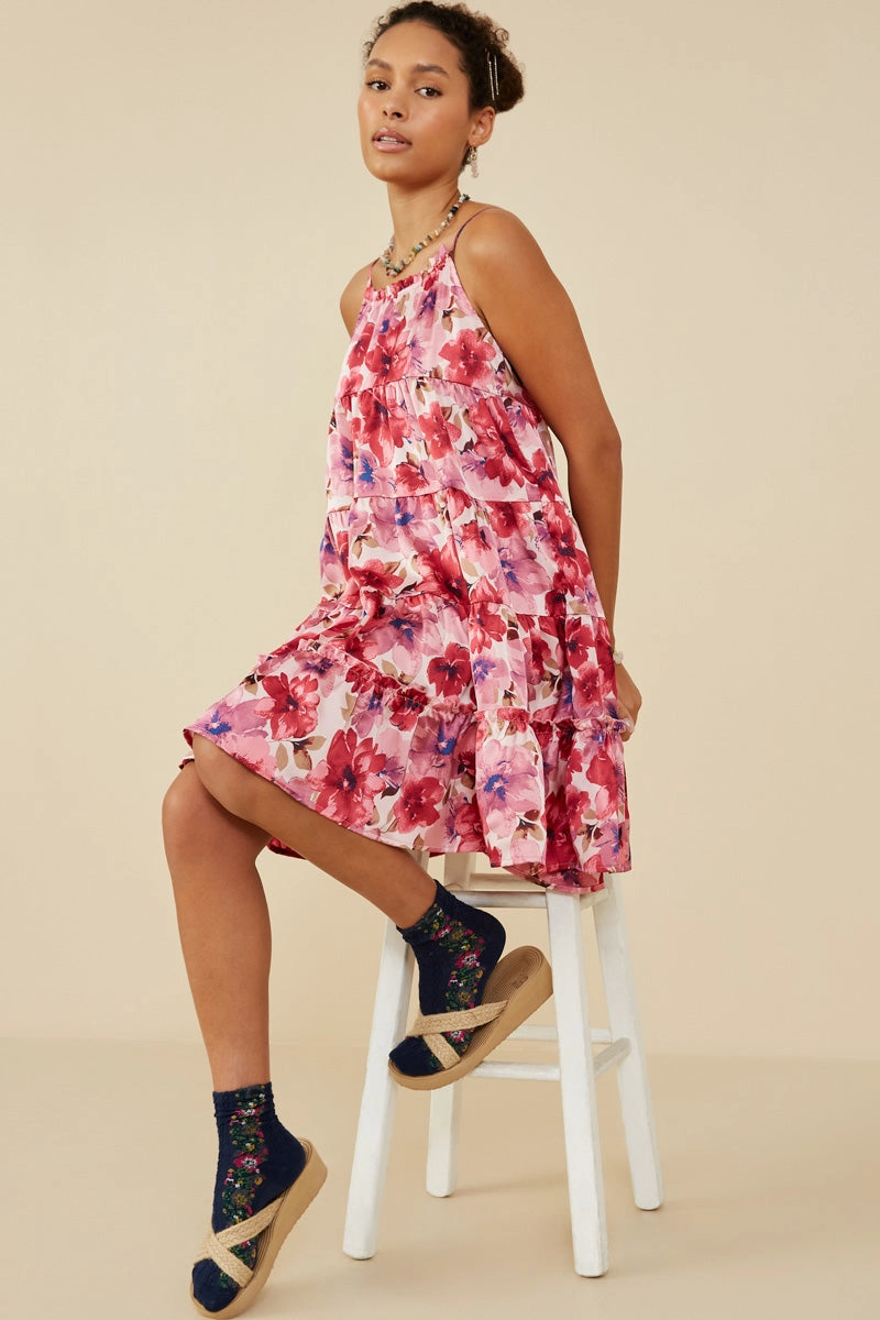 Modern Twist Satin Floral Tiered Tank Dress