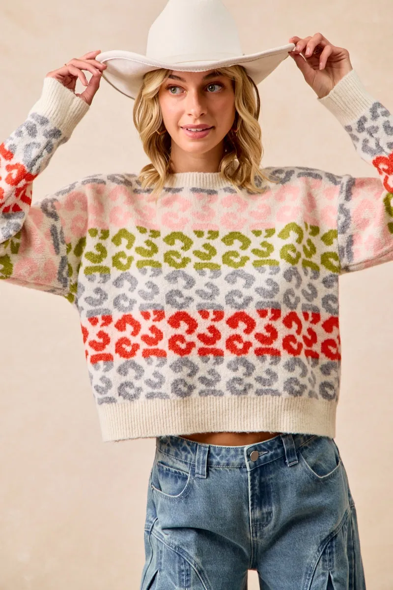 IT4631-01 | LEOPARD COLORBLOCK SWEATER TOP Outdoor Use