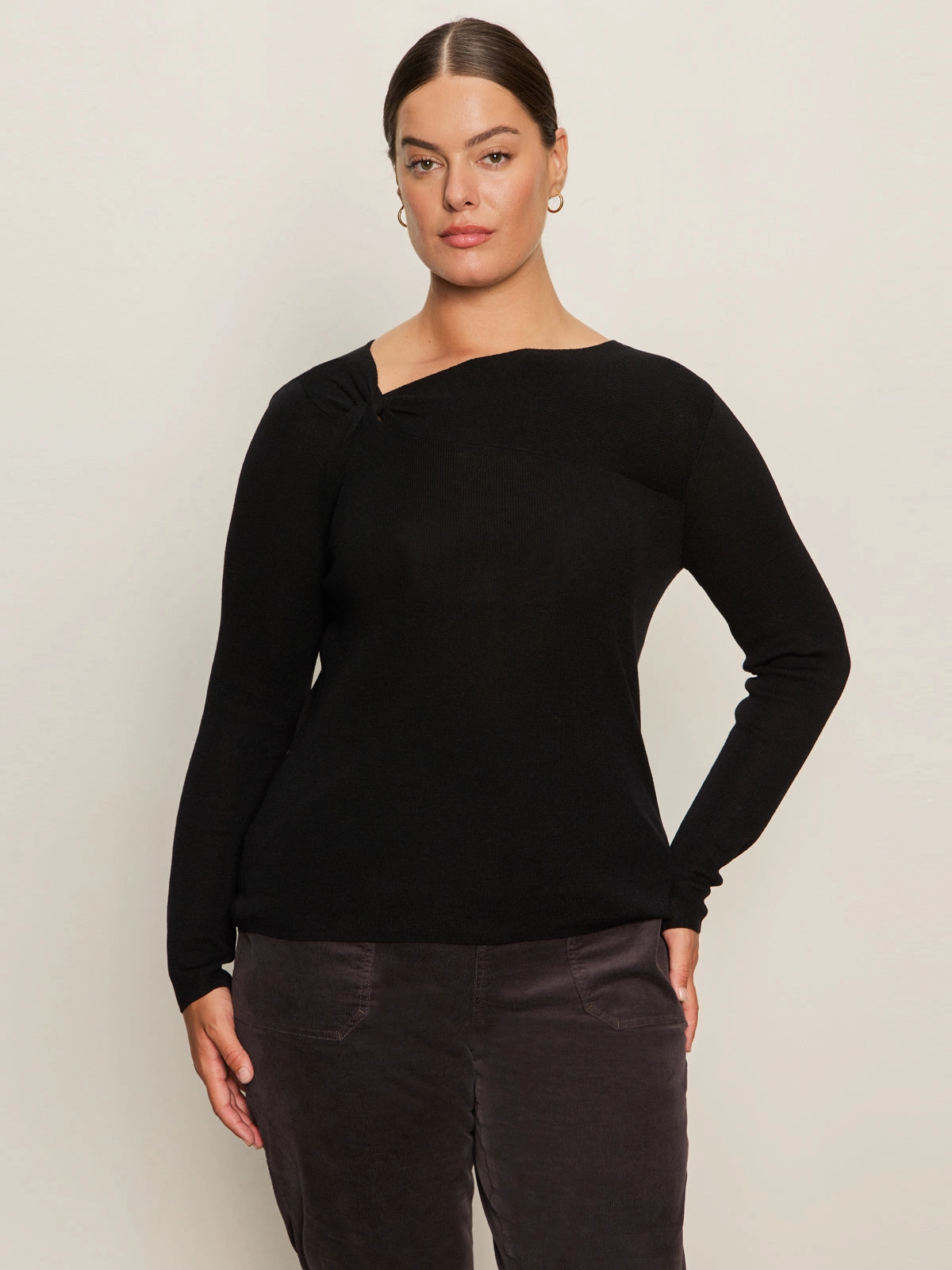 Easy Fit Long Sleeve Shoulder Twist Top Black Extended Sizing