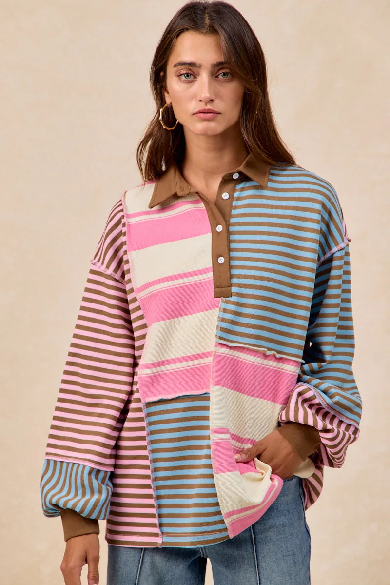 Calm Day Fit Modern Minimal IT4776H-01 | STRIPED MULTI COLOR BLOCK TUNIC TOP